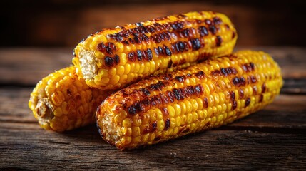 Three pieces of grilled corn sit on a wooden table. They have dark grill marks and bright yellow kernels. This is a popular side dish at summer cookouts and outdoor gatherings