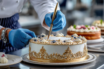 Baker decorates an ornate cake with precision and skill in a modern kitchen setting
