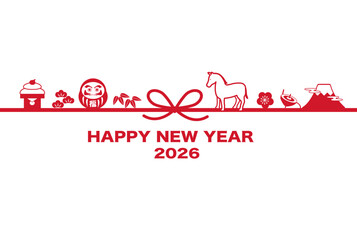 年賀状2026　馬と縁起物のイラスト　テンプレート