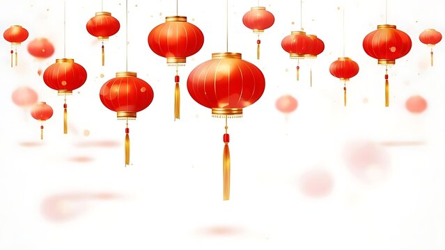 Celebrate Lunar New Year with vibrant red lanterns floating gracefully against a bright white backdrop, perfect for festival promotions and Asian-inspired designs - Powered by Adobe