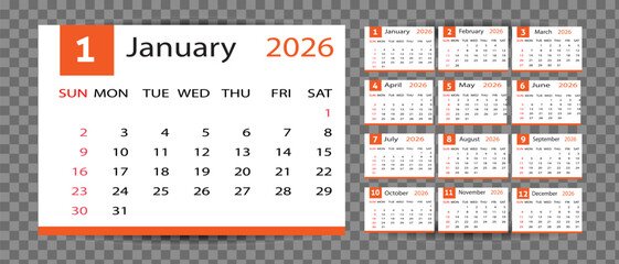 Annual Wall Desk Planner 2026 Monthly Calendar Set Complete 12 Months Set Clean Design for Print, Digital Planner and Office