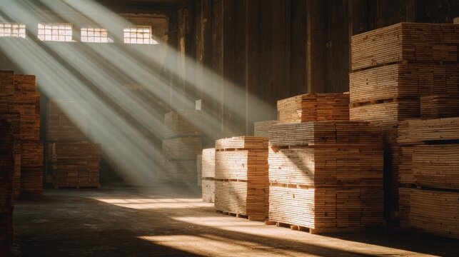 Sunlight pours through the windows of a wood storage area filled with stacks of wooden planks. The warm light creates patterns on the ground in the afternoon