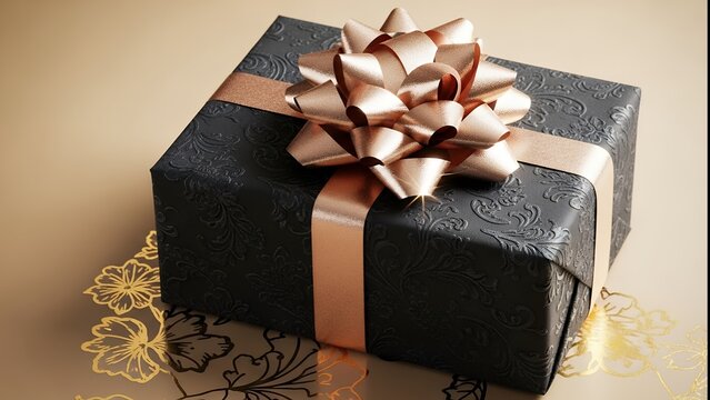 Luxurious gift box wrapped in embossed black paper with a shiny rose gold ribbon and big bow, placed on a golden floral background. Represents elegance, celebration, and gifting