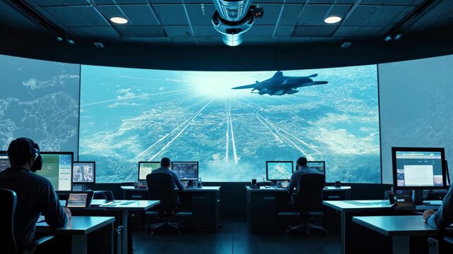 High-tech command center monitoring aerial operations from multiple screens