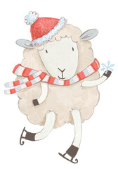 Cute sheep on skates holding snowflake 