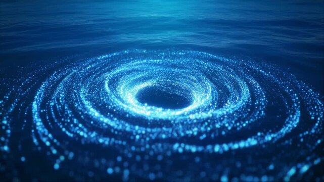 Swirling Vortex of Blue Light Particles on the Surface of Dark Water whirlpool spiral