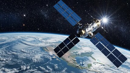 Futuristic satellite orbiting the vibrant Earth with solar panels glistening in space, a dynamic view for global communication and technology ventures - Powered by Adobe
