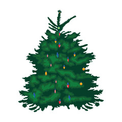 Illustration of a green christmas tree decorated with colorful light bulb ornament