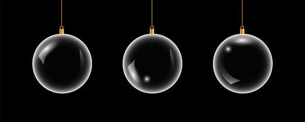 Glass bauble set. 3D transparent Christmas balls hanging for Christmas and New Year celebrations. vector illustrations