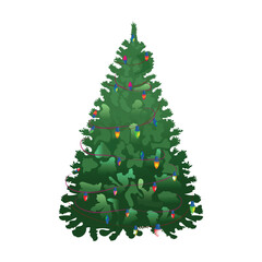 Green christmas tree decorated with colorful string light bulb