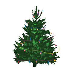 Green christmas tree decorated with colorful string light bulb garland