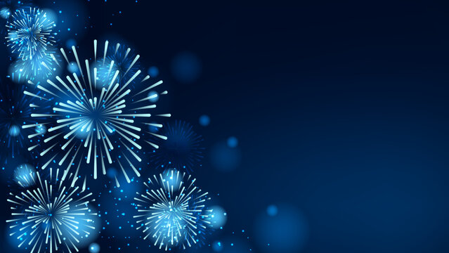 Blue fireworks against a dark blue sky background with copy space, a banner design. New year celebration concept. Vector illustration BG