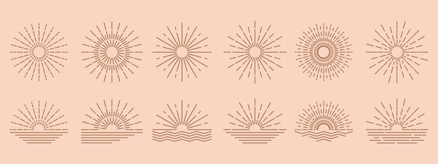 Boho sunrise line art vector with simple rays. Calm minimal design for decor and branding.