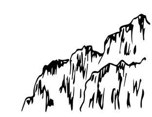 Simple hand-drawn vector drawing with a black outline. Mountains, rocky cliff. Nature and landscape. Sketch in ink.