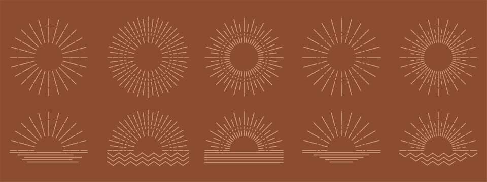 Geometric boho sun in thin line art vector. Balanced rays and clear modern shape.