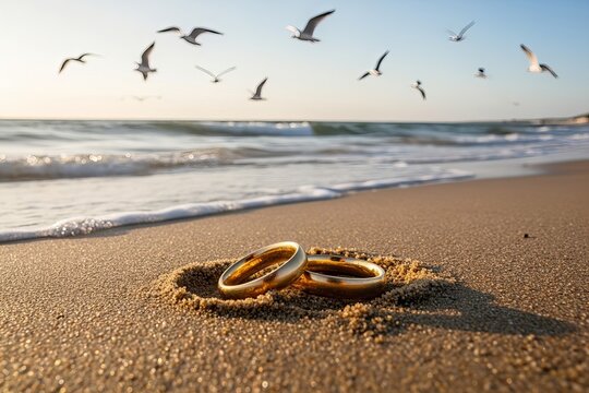 Tranquil Beach Scene: Two Gold Wedding Rings Gleaming in the Sand as Seagulls Soar Above - Powered by Adobe