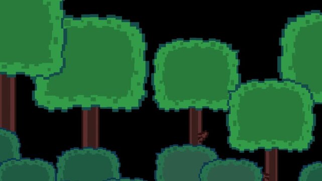 Animation of a game scene in pixel art style with trees passing by, pixel, 2D.