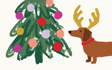 Cute dachshund wearing reindeer antlers admiring Christmas Tree