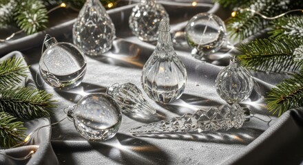 Elegant silver Christmas decorations and ornaments adorn a festive dinner table setting with champagne glasses and wine for a holiday celebration at a restaurant wedding party