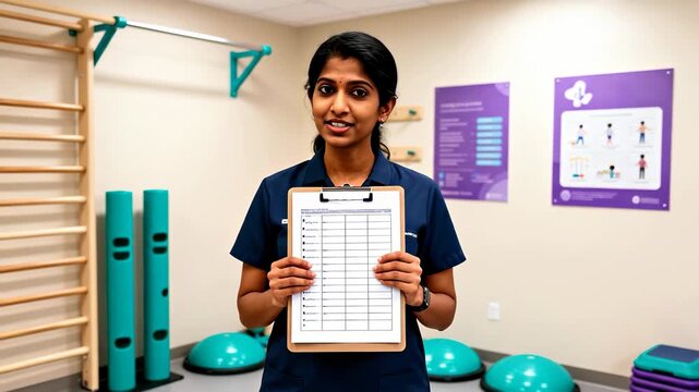 Smiling female physical therapist in scrubs holds up a clipboard showing a patient progress checklist in a clinic gym