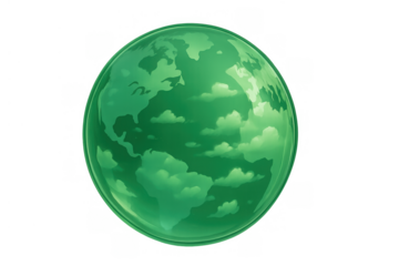 Green ecological globe showing a world map and clouds, symbolizing climate, environment, and earth conservation. Transparent background