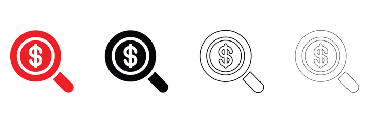 dollar search icon vector set, search sign symbol vector silhouette and line art