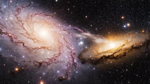 Dramatic celestial dance of colliding galaxies in deep space with vibrant colors and swirling cosmic dust, a stunning example of galactic evolution