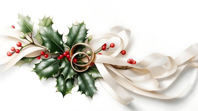 Elegant wedding rings nestled in festive holly and a satin ribbon, celebrating love and holiday cheer for invitations and winter events