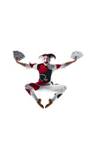 Jester jumping upward with card fans and bright playful mood. Concept of visual assets for entertainment, character branding, stage movement studies, and dynamic promo content.