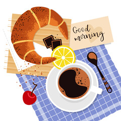 bagel or croissant with cup of coffee is drawn in flat style with texture, close-up, top view. Breakfast with pastries, drink, and fruit. Stock vector illustration. EPS 10.