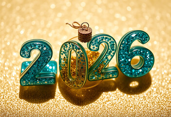 Aqua glitter numbers 2026 decoration on shiny gold background isolated on transparent background