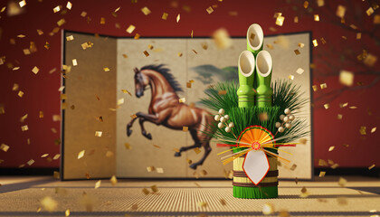 赤背景と金箔の華やか和風素材・門松と屏風