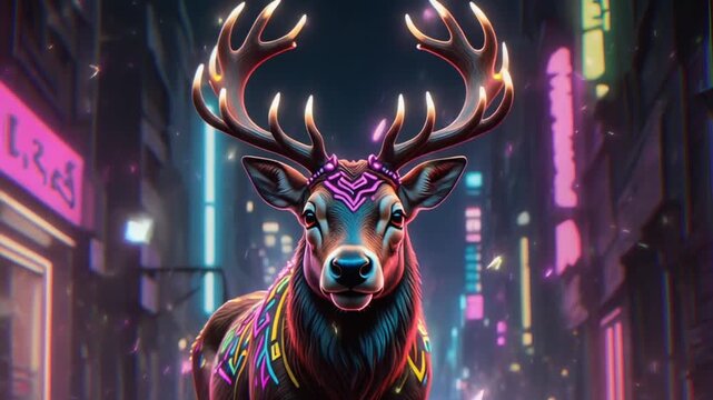 A cool reindeer with glowing LED antlers and graffiti-style patterns moves through a neon city backdrop, blending funky festive energy with cyberpunk style in a high-detail video render.