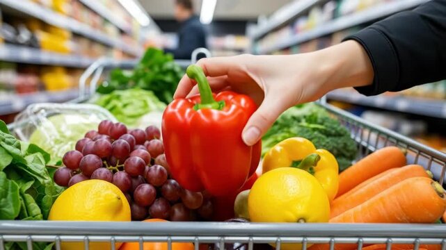 female hand putting red bell pepper into shopping cart full of fresh vegetables and fruits. supermarket aisle background. healthy lifestyle and grocery buying concept. nutrition, diet food.