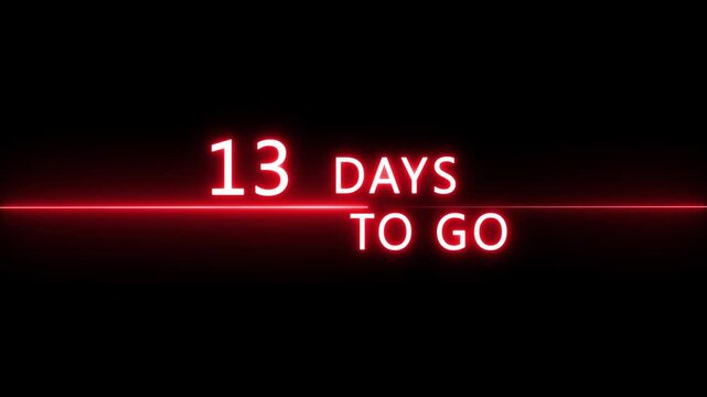 Neon 26 days to go animation. Neon counter number.  Neon counting from 0 to 26 days animation. Neon counting days on black background.
