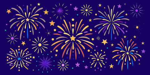 Festive fireworks and stars on a dark blue background for celebrations