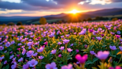 Obraz premium Sunset Meadows Blooming Purple and Pink Wildflowers