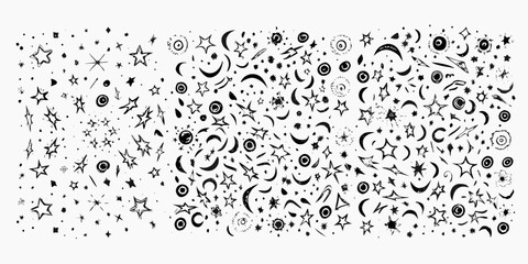 Hand drawn celestial elements pattern with stars moons and circles