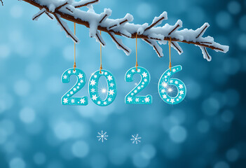 New year 2026 ornaments hanging on a snowy branch, winter theme isolated on transparent background