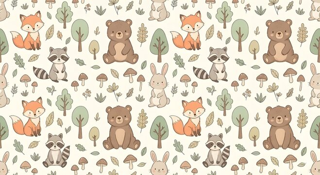 Seamless pattern background with cute woodland animals (fox, bear, raccoon) and trees. Hand-drawn nursery textile texture.