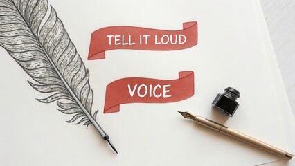 Quill pen drawing with text conveying voice and messaging