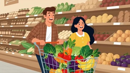 happy couple buying fresh food in supermarket. man pushing cart with vegetables and fruits while woman holds red apple. healthy lifestyle and nutrition concept. grocery store shopping.