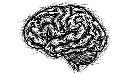 Artistic depiction of a human brain in monochrome style.