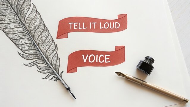 Quill pen drawing with text conveying voice and messaging