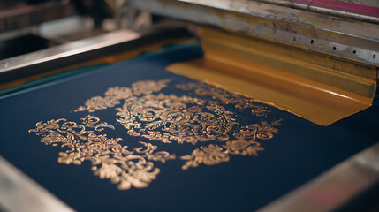 A tee shirt being printed with a classy gold foil design