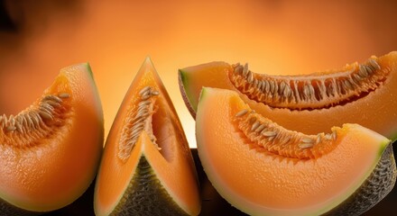 Freshly cut cantaloupe melon slices with seeds on an orange background