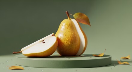 Fresh yellow pear and a half pear with water droplets on a green pedestal