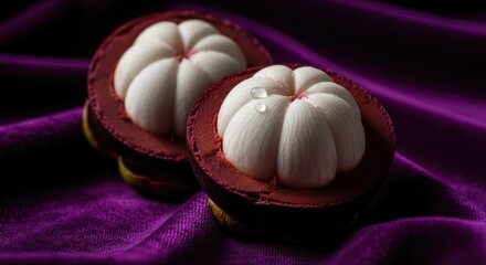 Fresh mangosteen fruit cut in half on a vibrant purple fabric