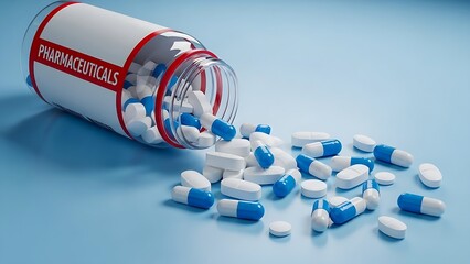 The contrast of white plastic and blue-tipped capsules creates a sterile and professional pharmaceutical visual