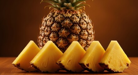 Whole pineapple with several triangular slices on a wooden surface